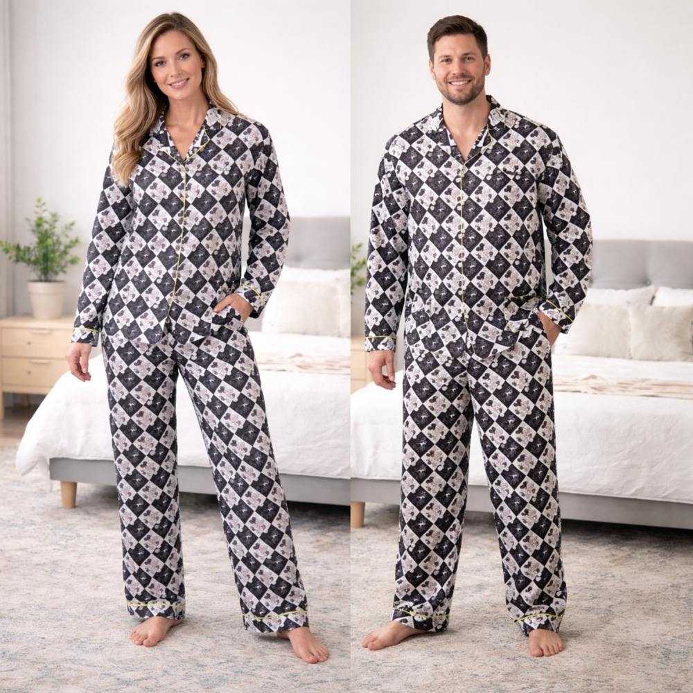 Disney Mickey Mouse Black White Checkered Dimond Satin Pajama Set NWT XLT Unisex